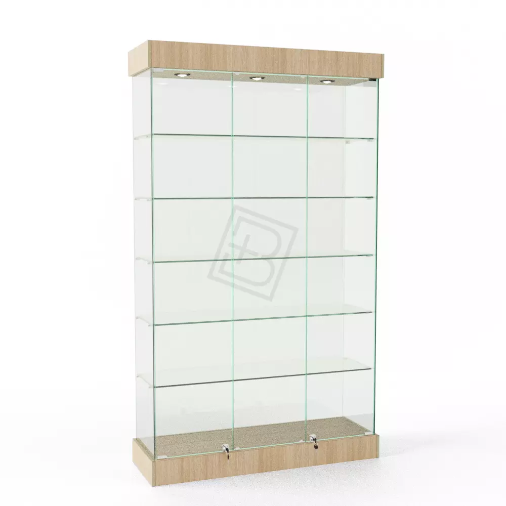 Широкая стеклянная витрина ВС-120 3 Размер: 2000x1200x400 мм. Цвет: дуб